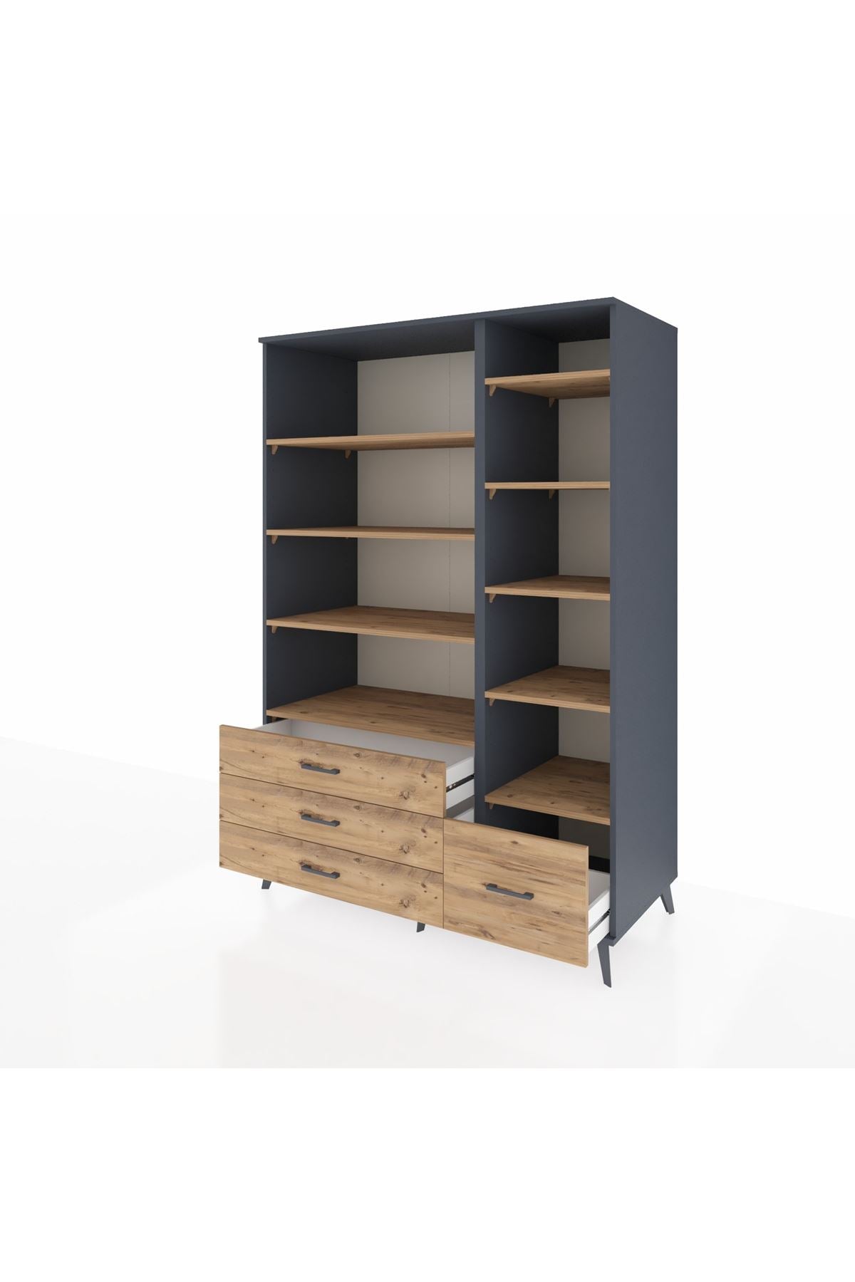 Kronos Dolap 9 Raflı 4 Çekmeceli 132x59x195 Antrasit-Çam/Çam