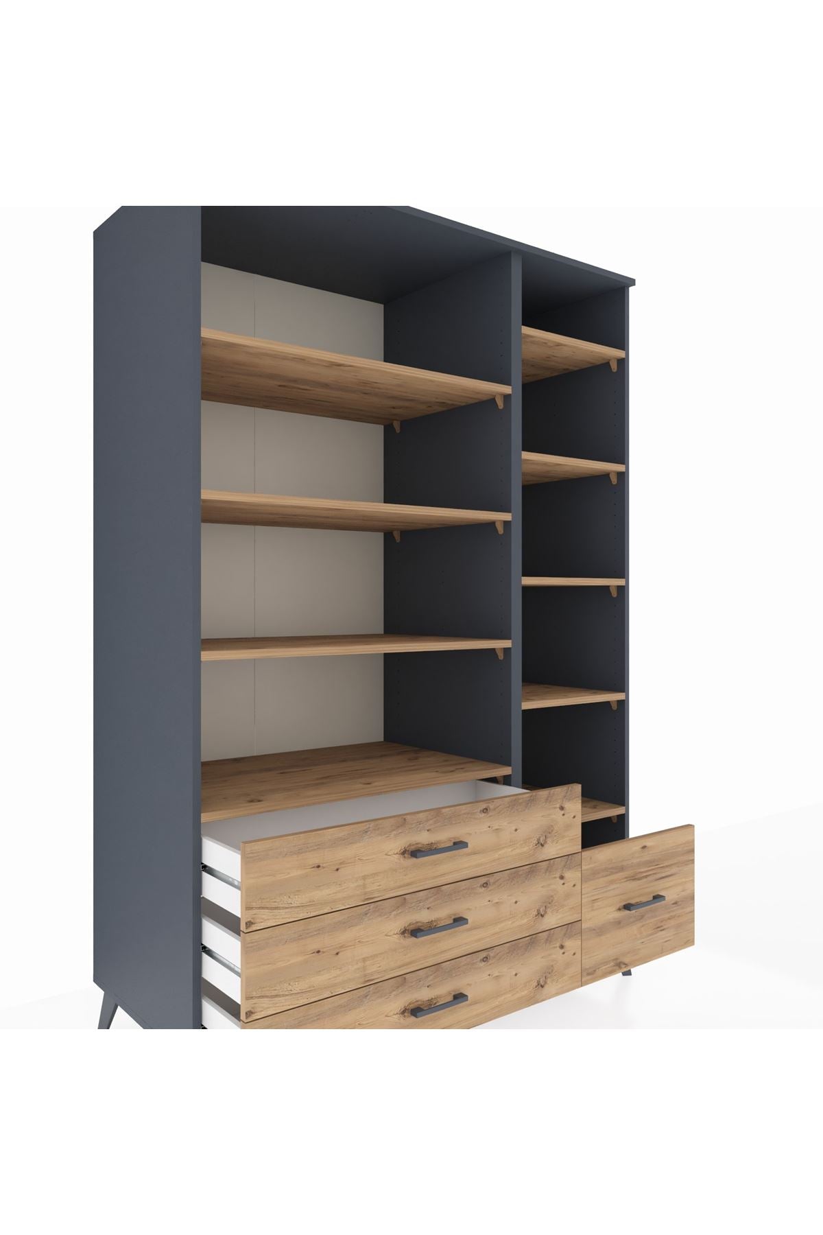 Kronos Dolap 9 Raflı 4 Çekmeceli 132x59x195 Antrasit-Çam/Çam