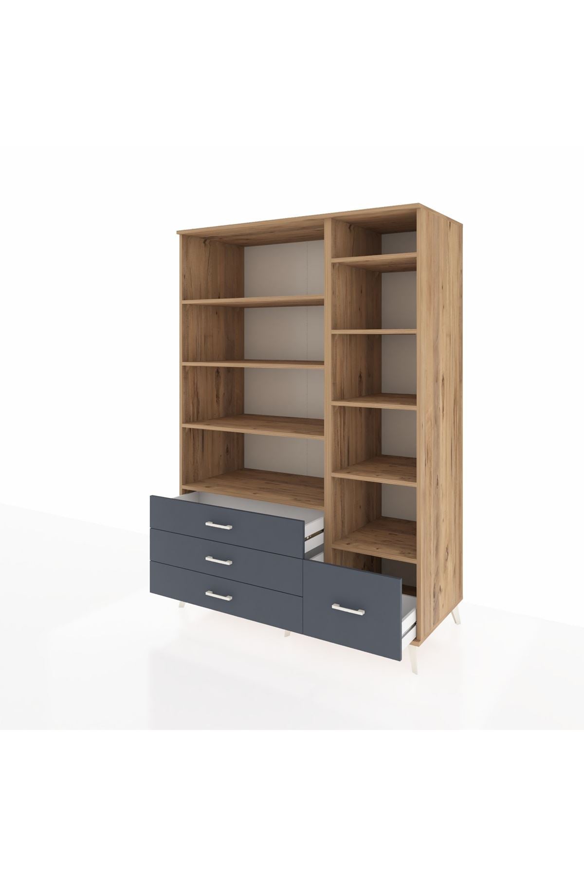 Kronos Dolap 9 Raflı 4 Çekmeceli 132x59x195 Çam-Çam/Antrasit