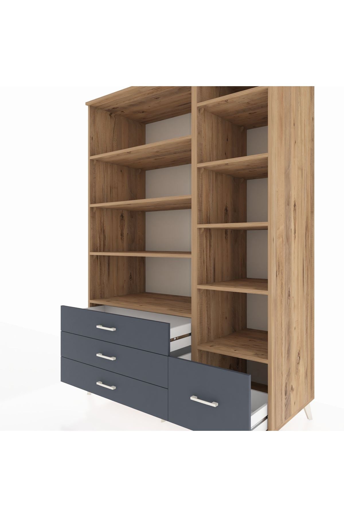 Kronos Dolap 9 Raflı 4 Çekmeceli 132x59x195 Çam-Çam/Antrasit