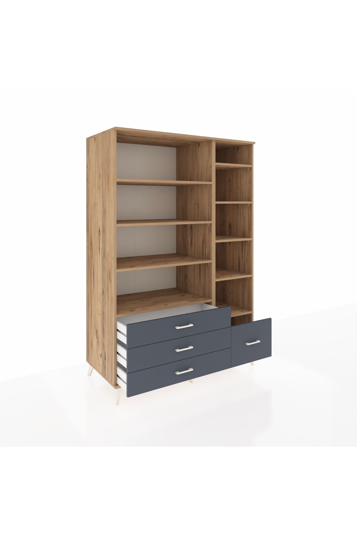 Kronos Dolap 9 Raflı 4 Çekmeceli 132x59x195 Çam-Çam/Antrasit