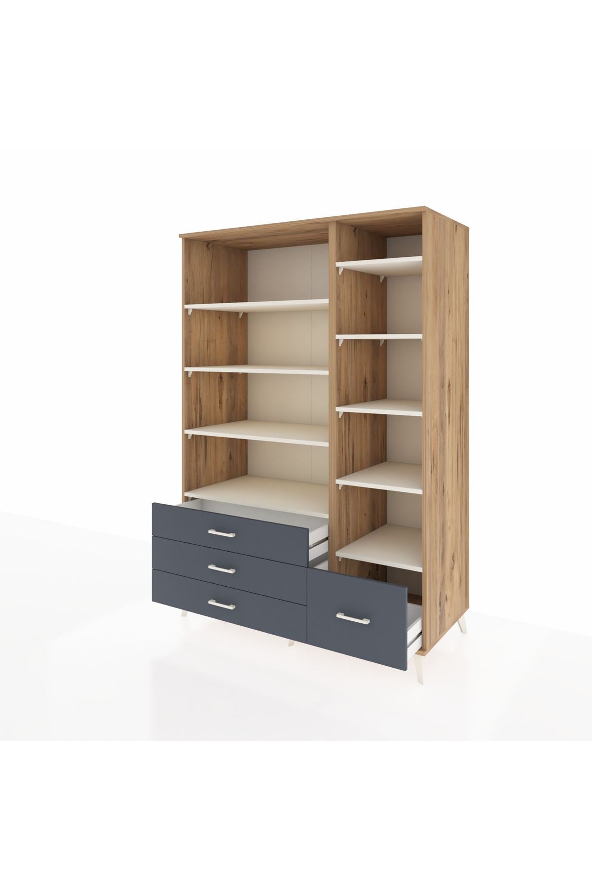 Kronos Dolap 9 Raflı 4 Çekmeceli 132x59x195 Çam-Aytaşı/Antrasit