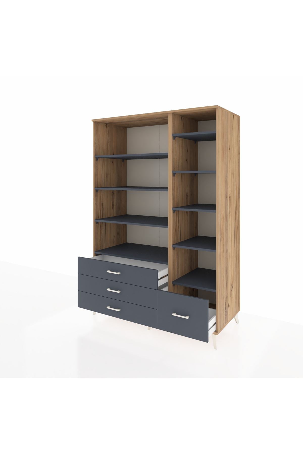 Kronos Dolap 9 Raflı 4 Çekmeceli 132x59x195 Çam-Antrasit/Antrasit