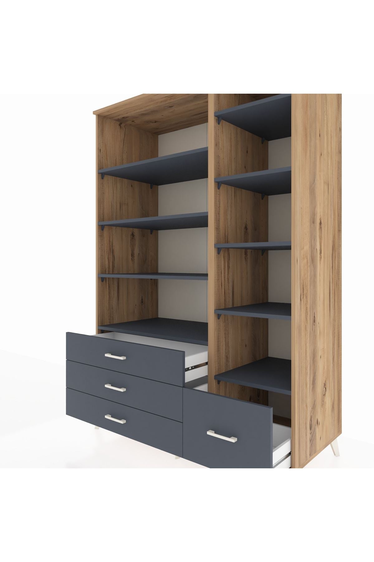 Kronos Dolap 9 Raflı 4 Çekmeceli 132x59x195 Çam-Antrasit/Antrasit