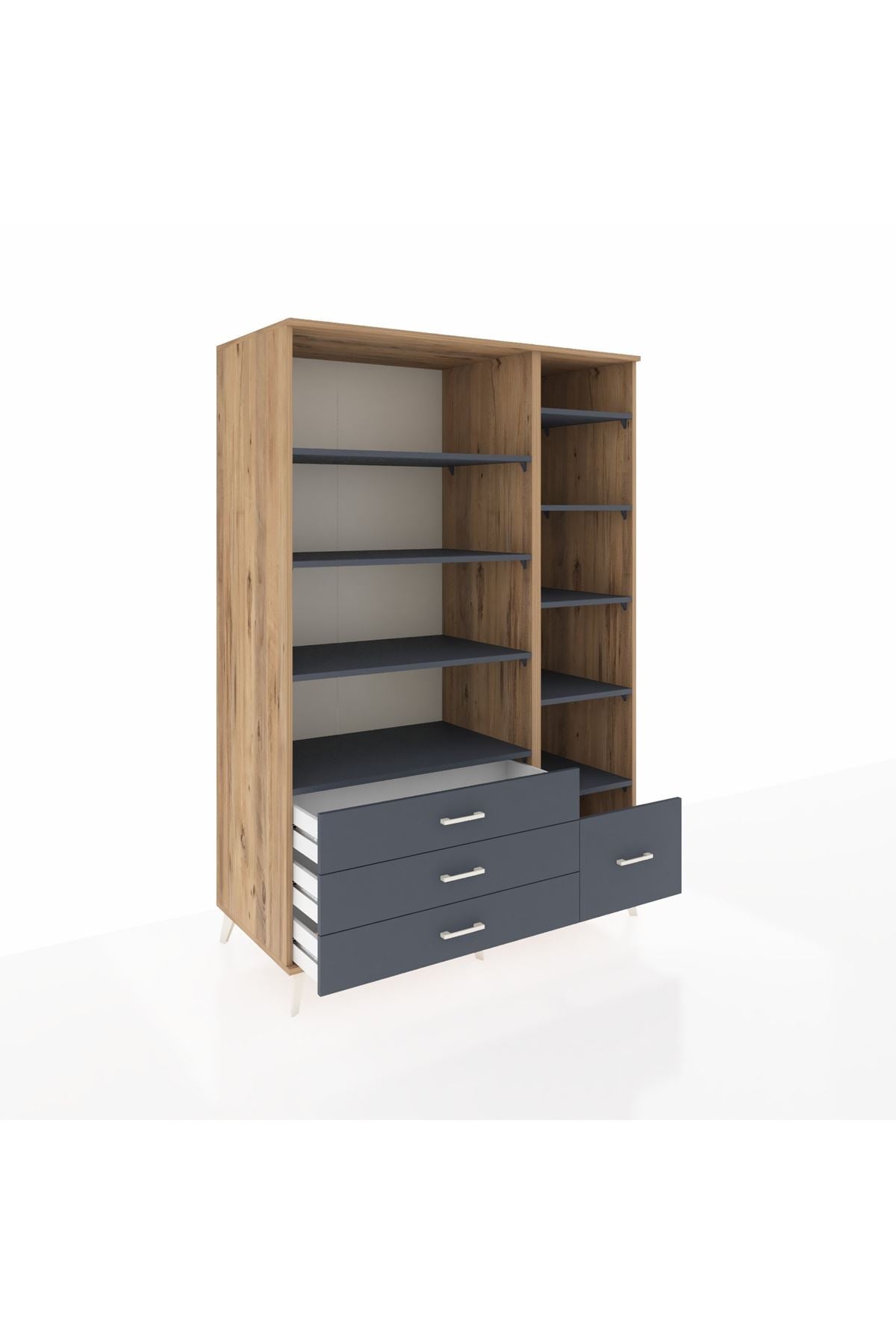 Kronos Dolap 9 Raflı 4 Çekmeceli 132x59x195 Çam-Antrasit/Antrasit