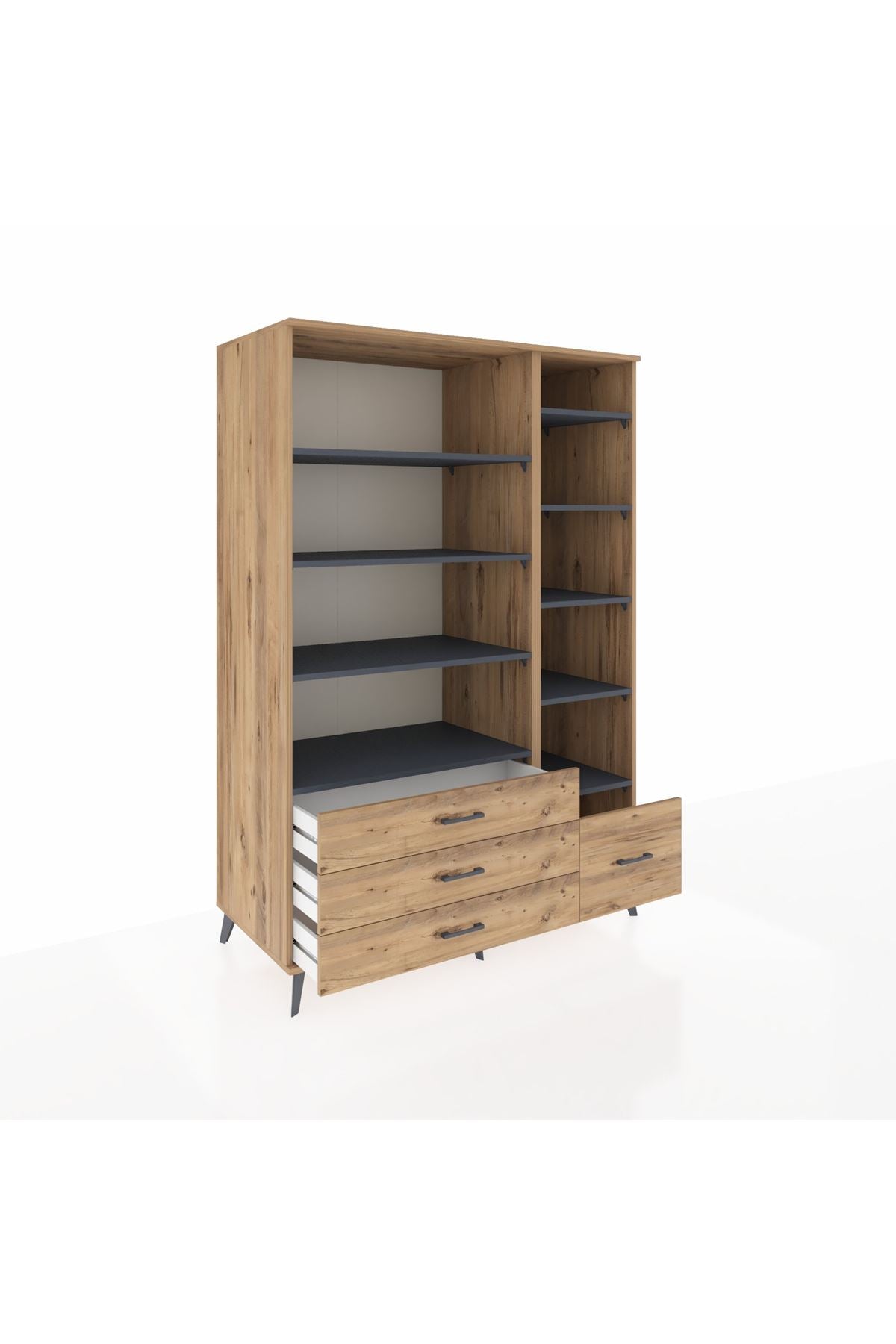 Kronos Dolap 9 Raflı 4 Çekmeceli 132x59x195 Çam-Antrasit/Çam
