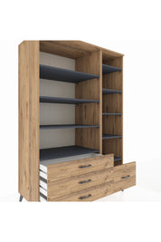 Kronos Dolap 9 Raflı 4 Çekmeceli 132x59x195 Çam-Antrasit/Çam