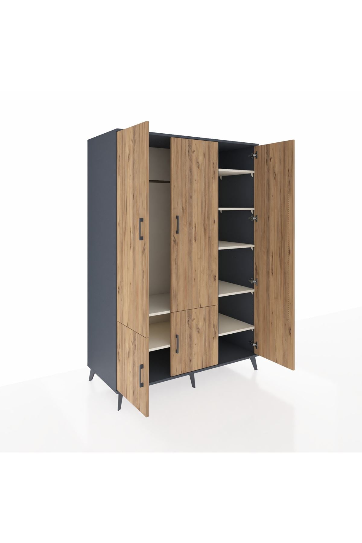 Kronos Dolap 7 Raflı 5 Kapaklı Tek Askılı 132x59x195 Antrasit-Çam/Aytaşı