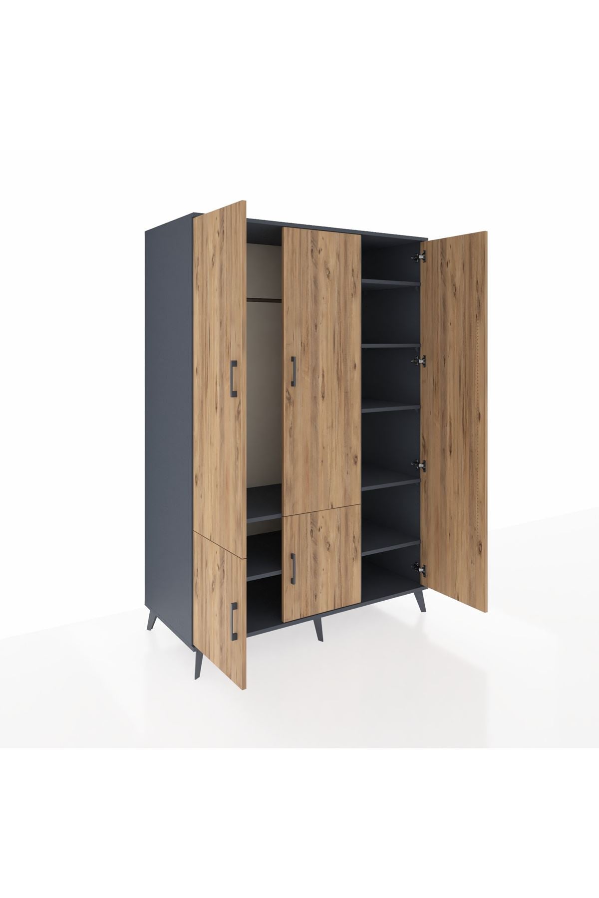 Kronos Dolap 7 Raflı 5 Kapaklı Tek Askılı 132x59x195 Antrasit-Çam/Antrasit