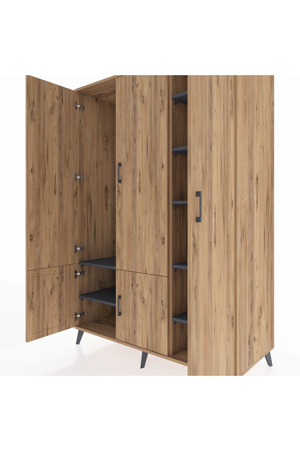 Kronos Dolap 7 Raflı 5 Kapaklı Tek Askılı 132x59x195 Çam-Çam/Antrasit