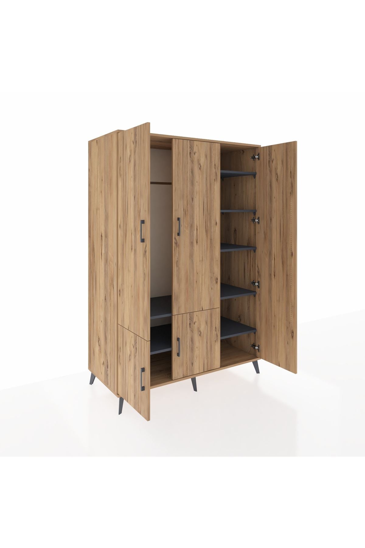 Kronos Dolap 7 Raflı 5 Kapaklı Tek Askılı 132x59x195 Çam-Çam/Antrasit