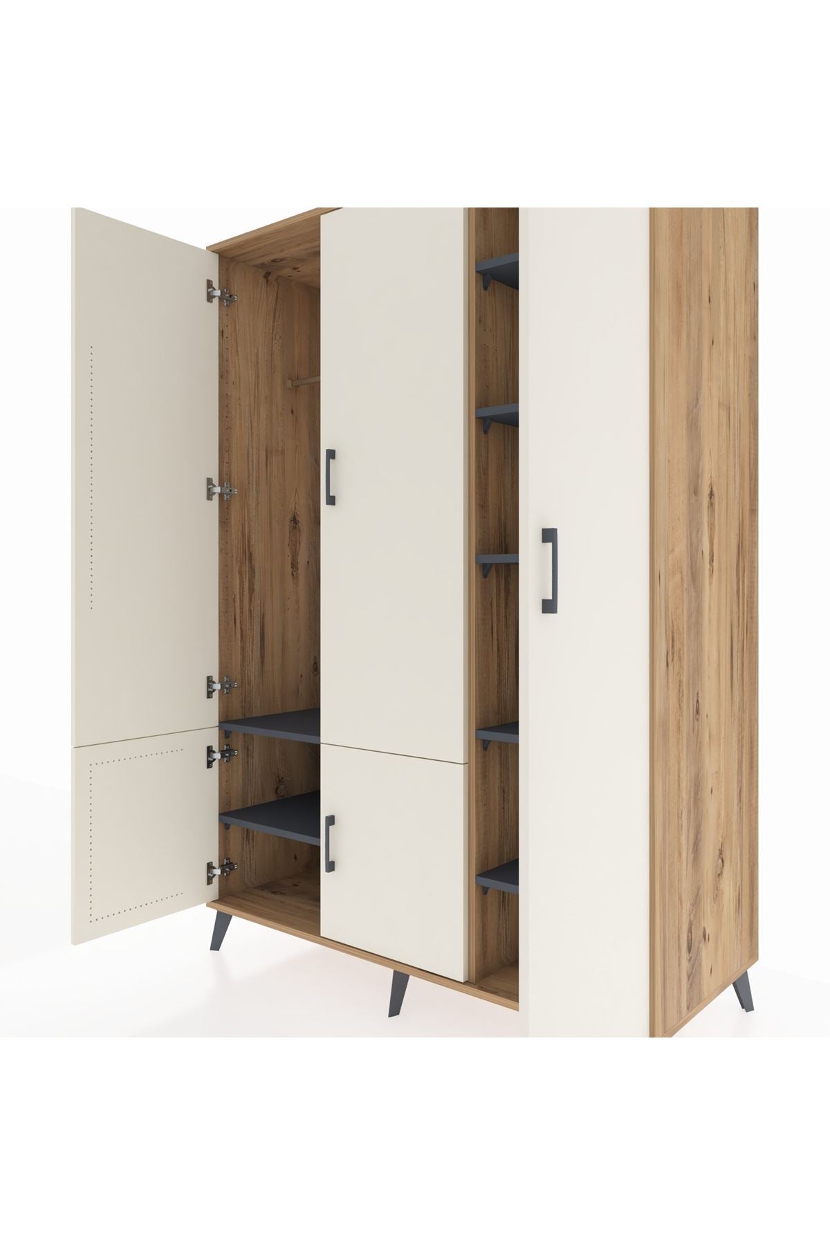 Kronos Dolap 7 Raflı 5 Kapaklı Tek Askılı 132x59x195 Çam-Aytaşı/Antrasit