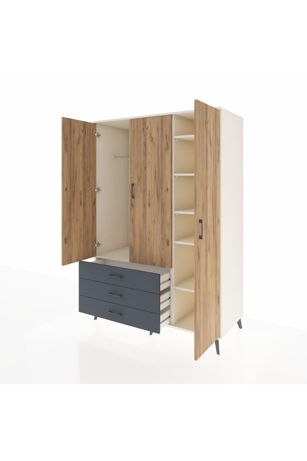 Kronos Dolap 6 Raflı 3 Çekmeceli Tek Askılı 132x59x195 Aytaşı-Çam/Antrasit