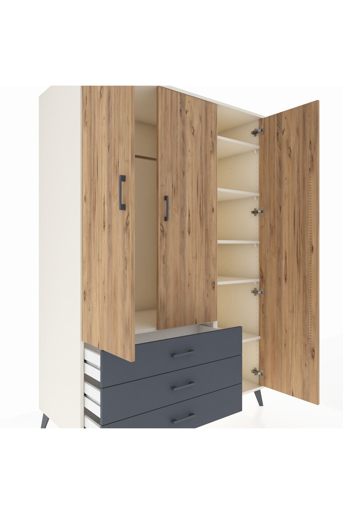 Kronos Dolap 6 Raflı 3 Çekmeceli Tek Askılı 132x59x195 Aytaşı-Çam/Antrasit