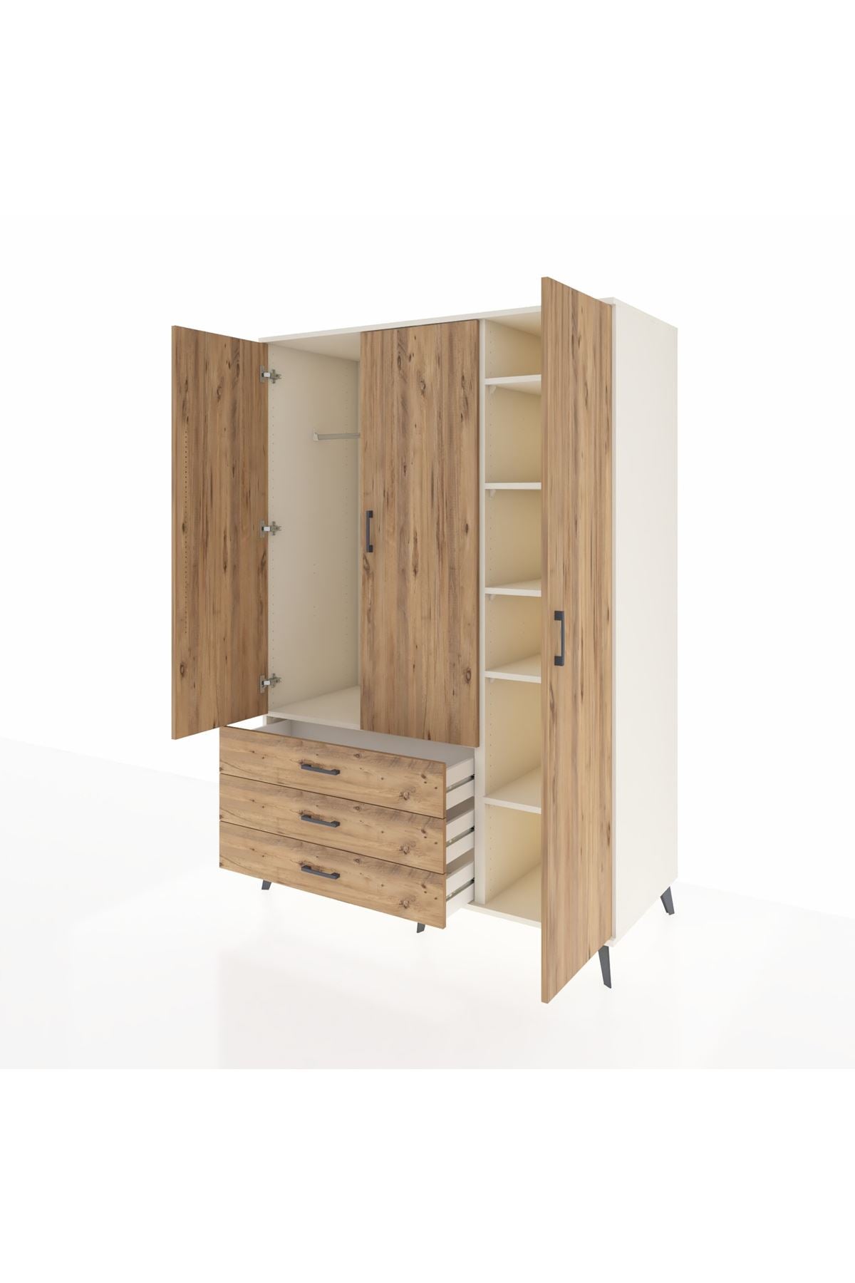 Kronos Dolap 6 Raflı 3 Çekmeceli Tek Askılı 132x59x195 Aytaşı-Çam/Çam