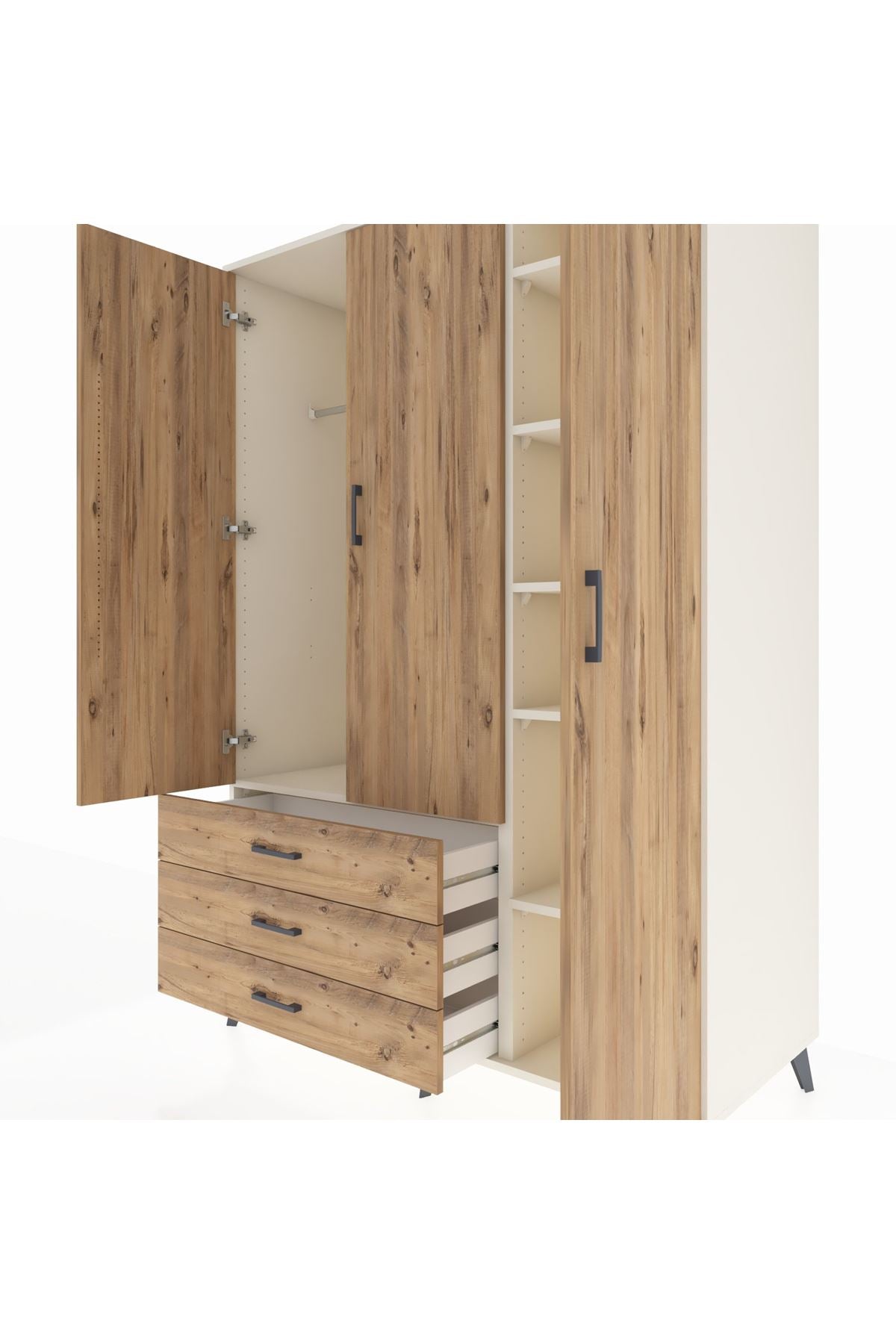 Kronos Dolap 6 Raflı 3 Çekmeceli Tek Askılı 132x59x195 Aytaşı-Çam/Çam