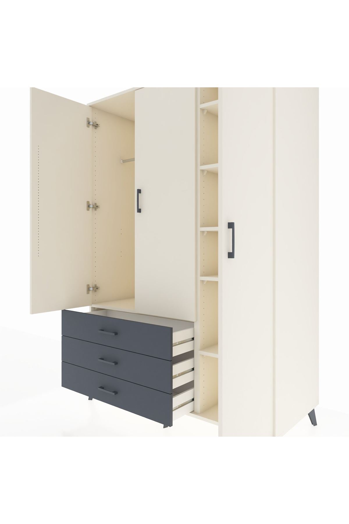 Kronos Dolap 6 Raflı 3 Çekmeceli Tek Askılı 132x59x195 Aytaşı-Aytaşı/Antrasit