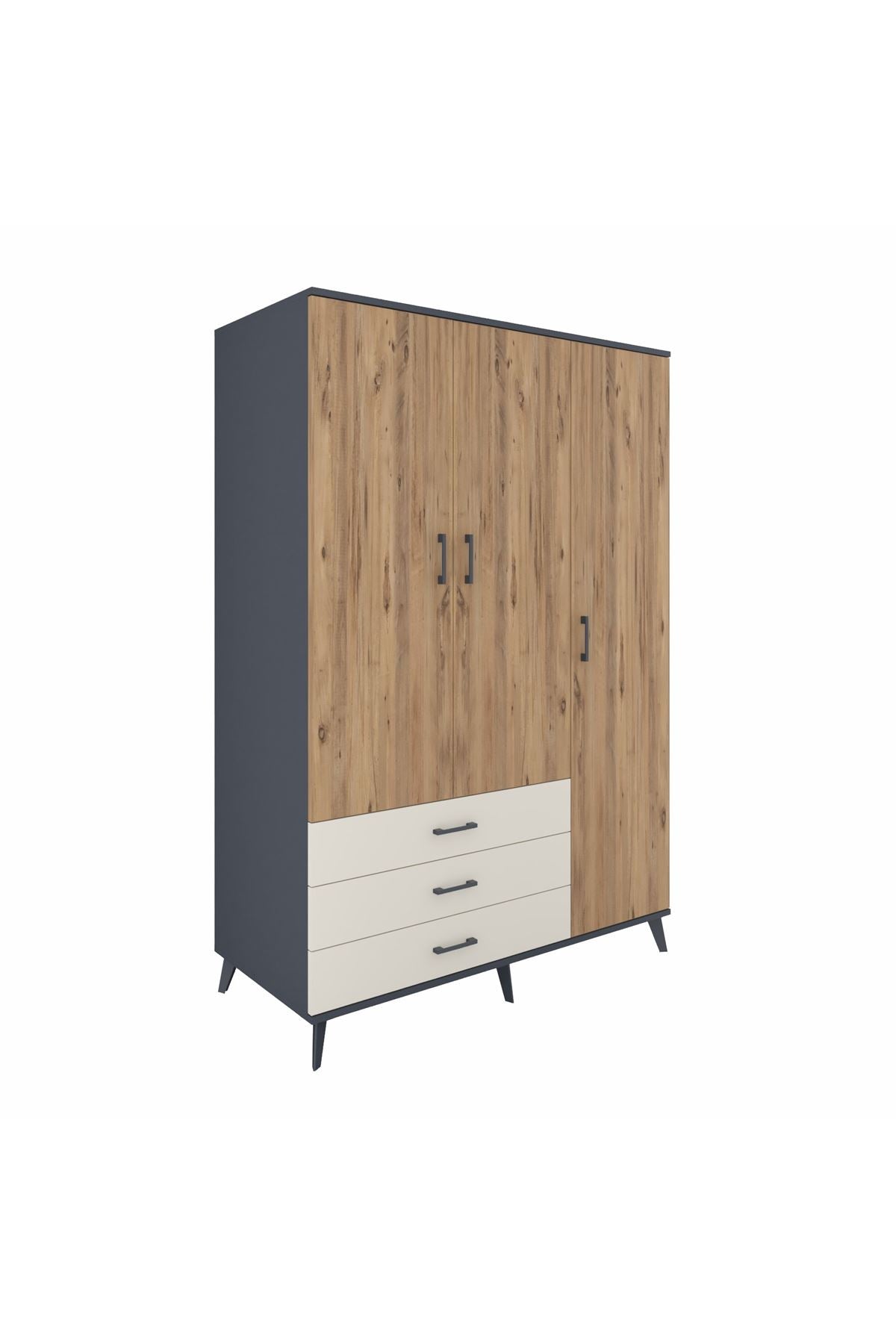 Kronos Dolap 6 Raflı 3 Çekmeceli Tek Askılı 132x59x195 Antrasit-Çam/Aytaşı