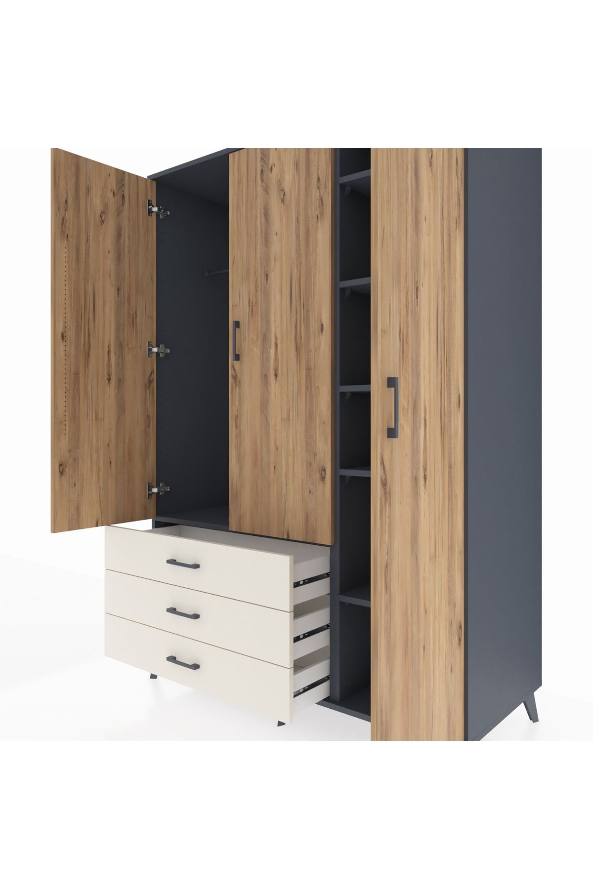 Kronos Dolap 6 Raflı 3 Çekmeceli Tek Askılı 132x59x195 Antrasit-Çam/Aytaşı