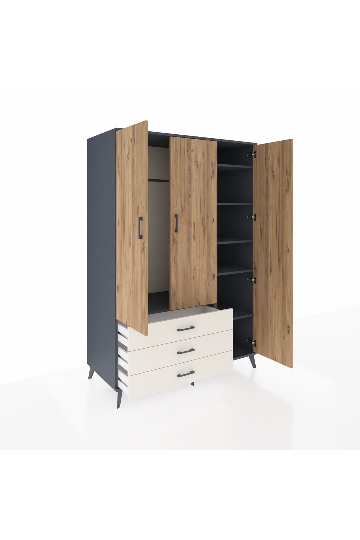 Kronos Dolap 6 Raflı 3 Çekmeceli Tek Askılı 132x59x195 Antrasit-Çam/Aytaşı