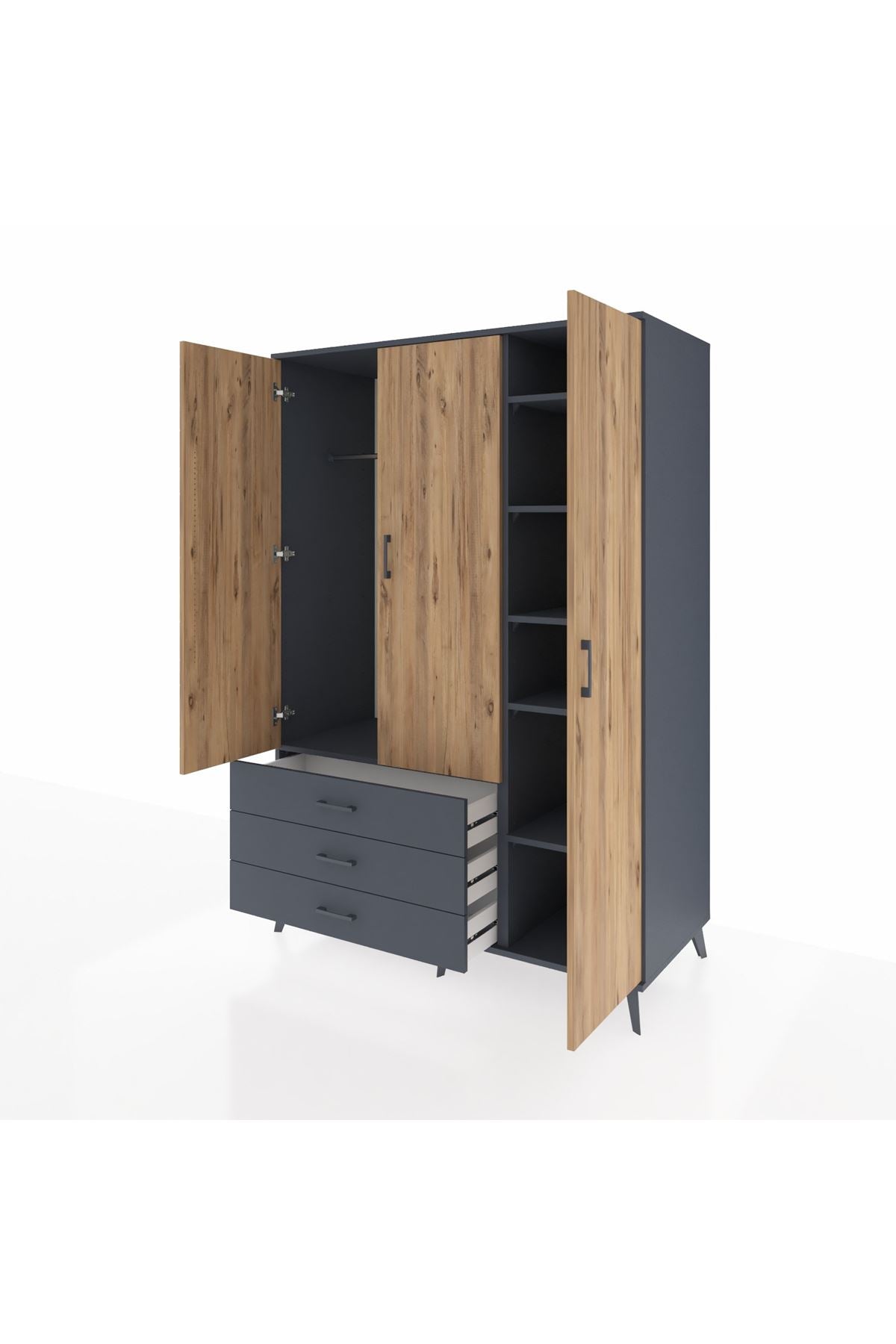 Kronos Dolap 6 Raflı 3 Çekmeceli Tek Askılı 132x59x195 Antrasit-Çam/Antrasit