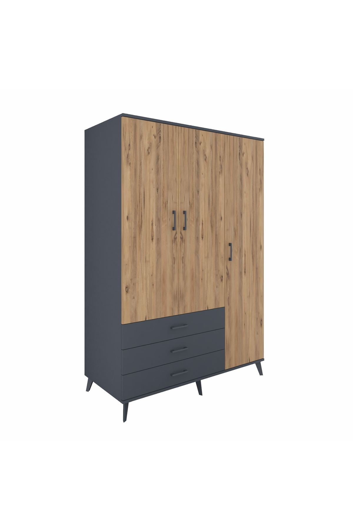 Kronos Dolap 6 Raflı 3 Çekmeceli Tek Askılı 132x59x195 Antrasit-Çam/Antrasit