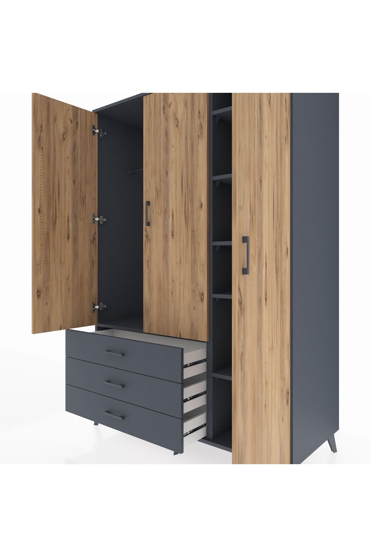 Kronos Dolap 6 Raflı 3 Çekmeceli Tek Askılı 132x59x195 Antrasit-Çam/Antrasit