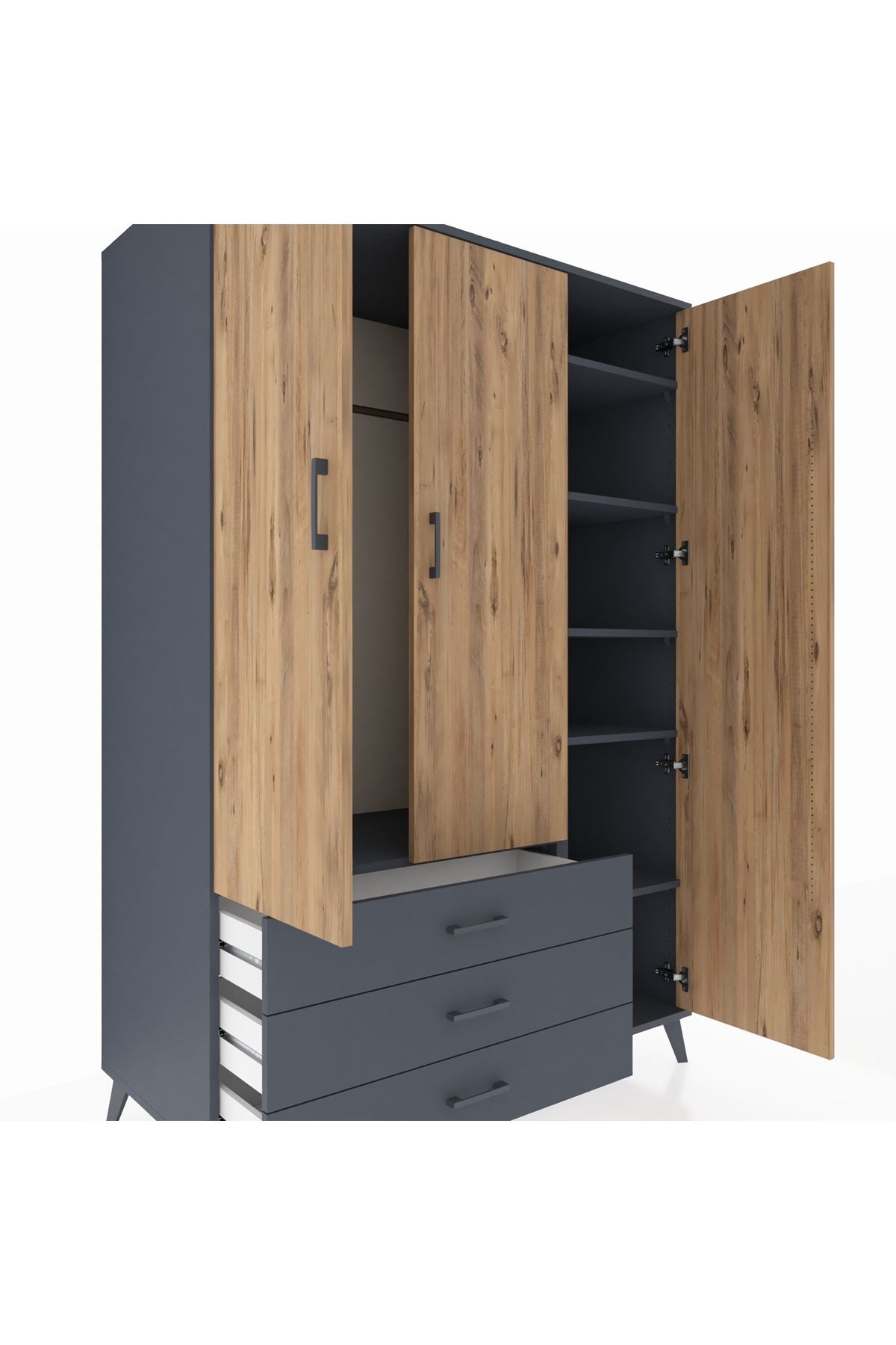 Kronos Dolap 6 Raflı 3 Çekmeceli Tek Askılı 132x59x195 Antrasit-Çam/Antrasit