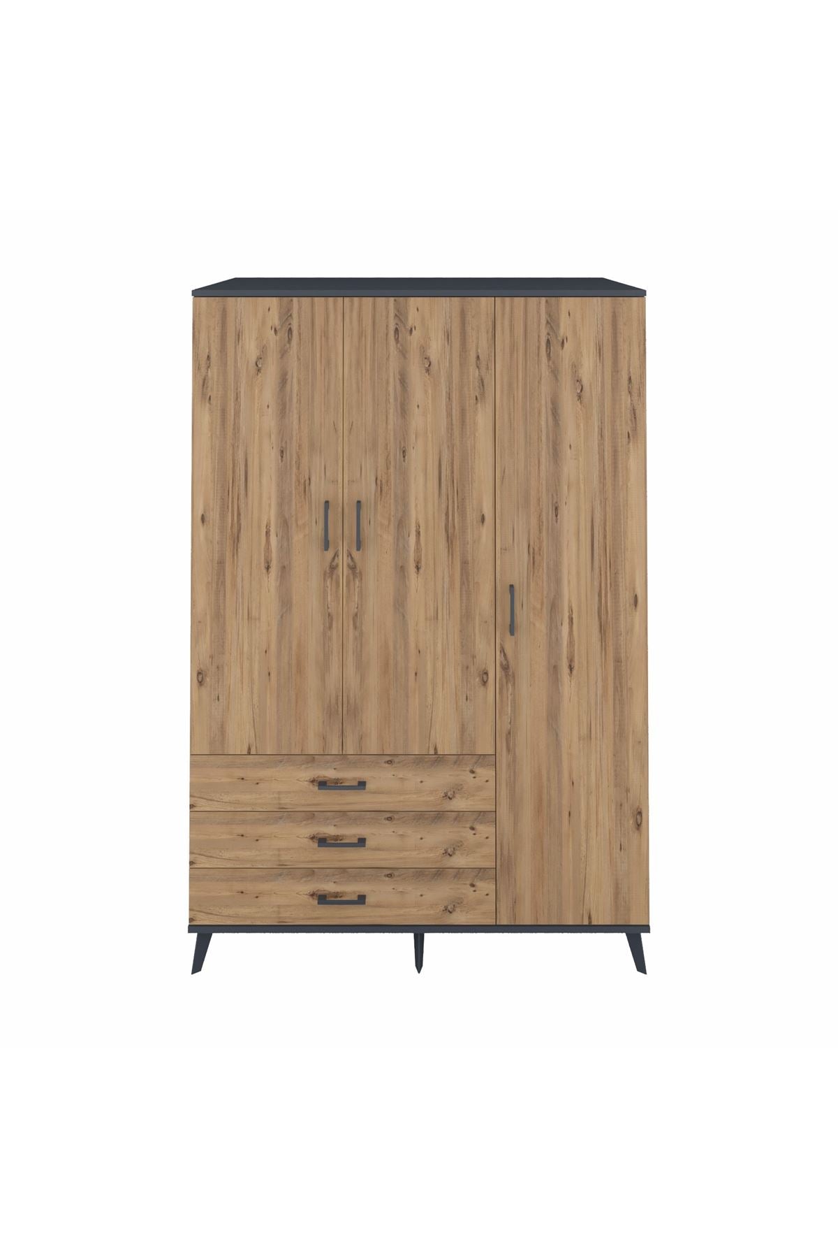 Kronos Dolap 6 Raflı 3 Çekmeceli Tek Askılı 132x59x195 Antrasit-Çam/Çam