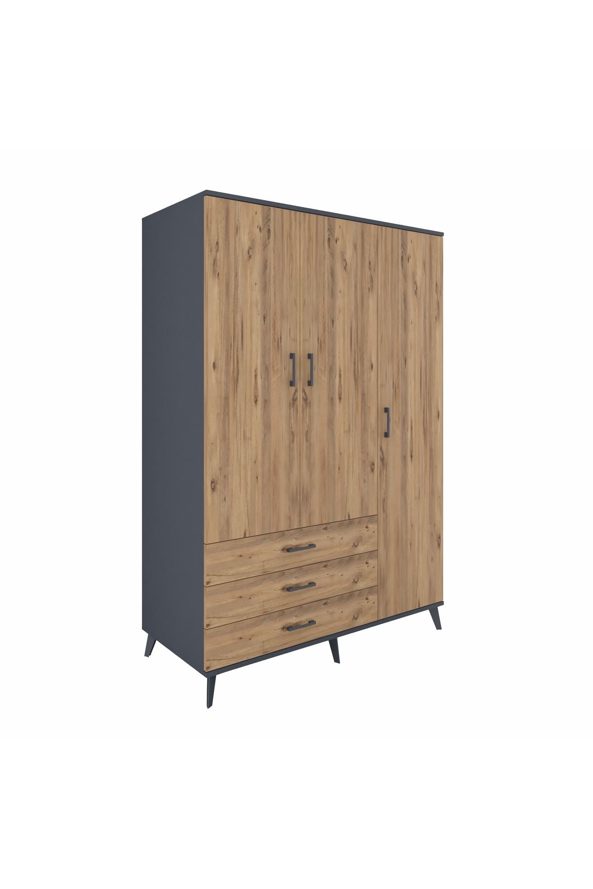 Kronos Dolap 6 Raflı 3 Çekmeceli Tek Askılı 132x59x195 Antrasit-Çam/Çam