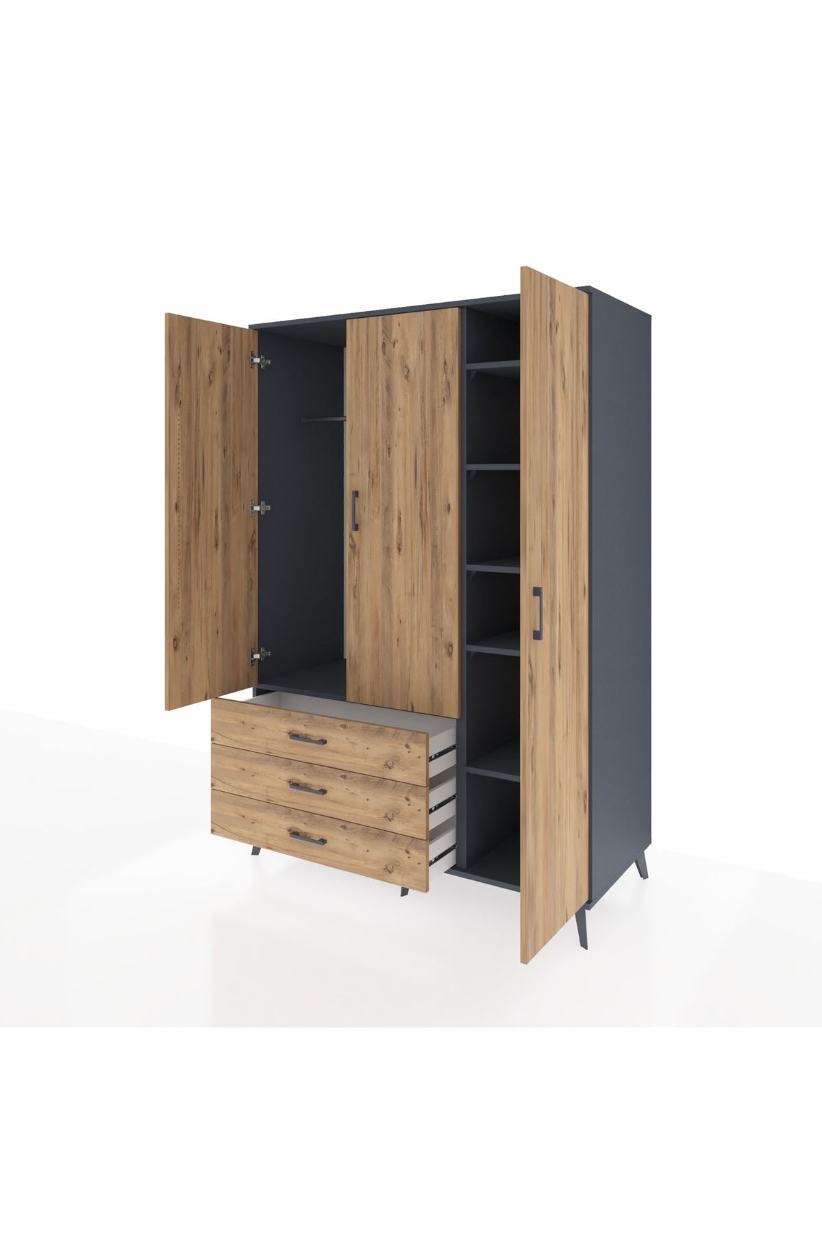 Kronos Dolap 6 Raflı 3 Çekmeceli Tek Askılı 132x59x195 Antrasit-Çam/Çam