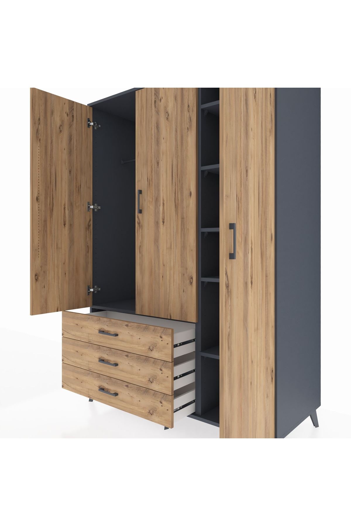 Kronos Dolap 6 Raflı 3 Çekmeceli Tek Askılı 132x59x195 Antrasit-Çam/Çam