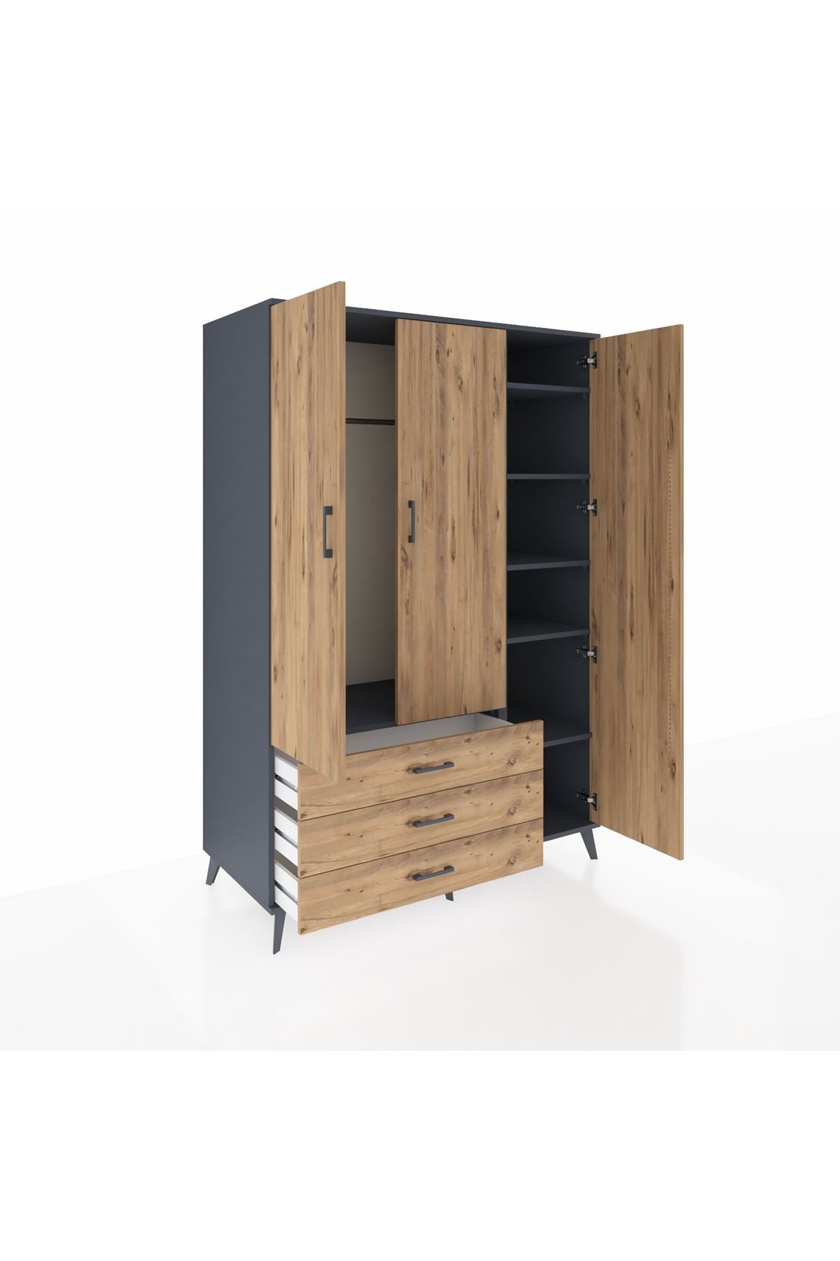 Kronos Dolap 6 Raflı 3 Çekmeceli Tek Askılı 132x59x195 Antrasit-Çam/Çam