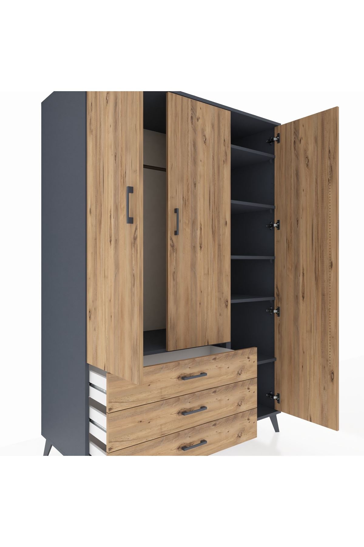 Kronos Dolap 6 Raflı 3 Çekmeceli Tek Askılı 132x59x195 Antrasit-Çam/Çam