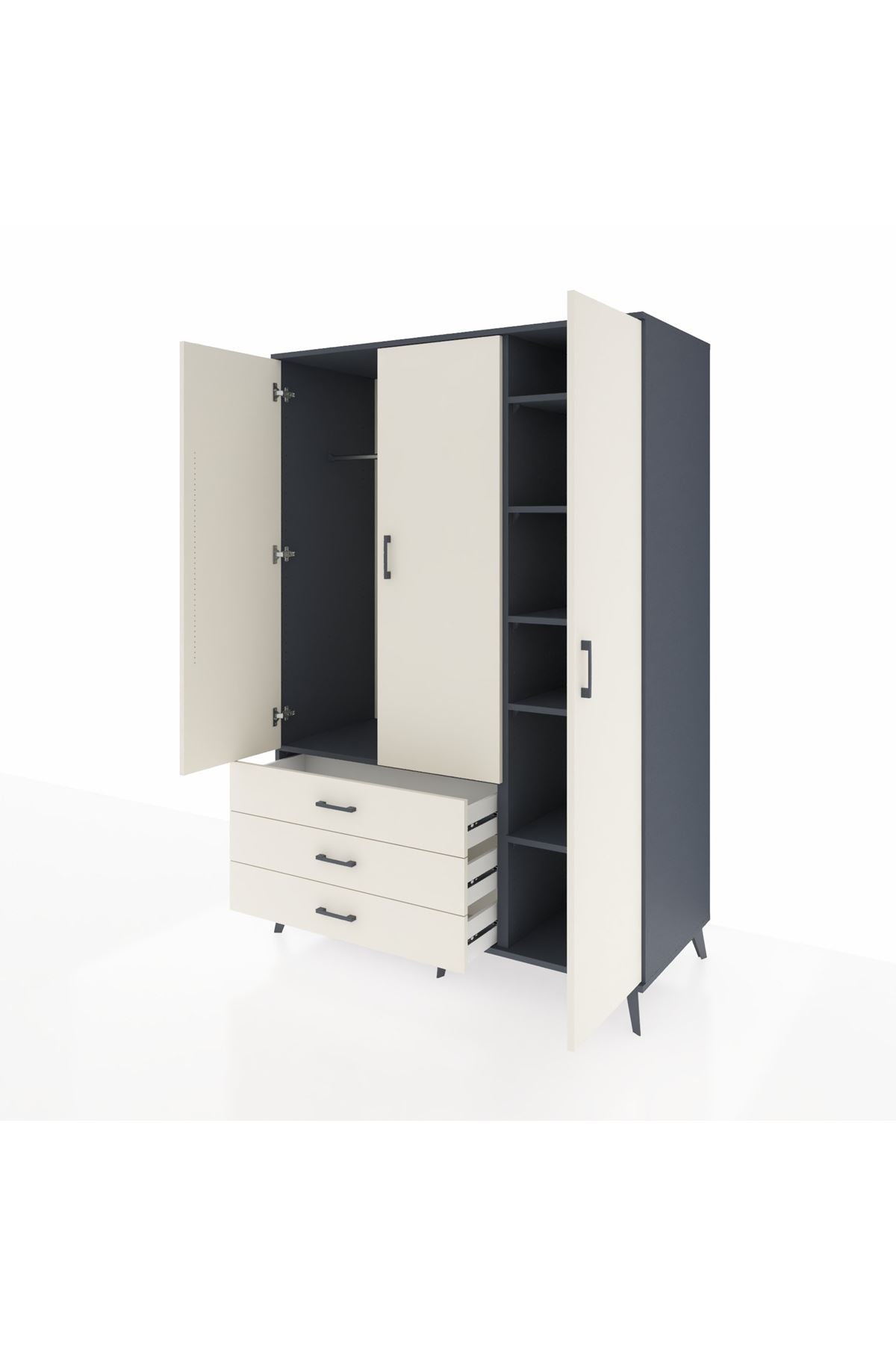 Kronos Dolap 6 Raflı 3 Çekmeceli Tek Askılı 132x59x195 Antrasit-Aytaşı/Aytaşı