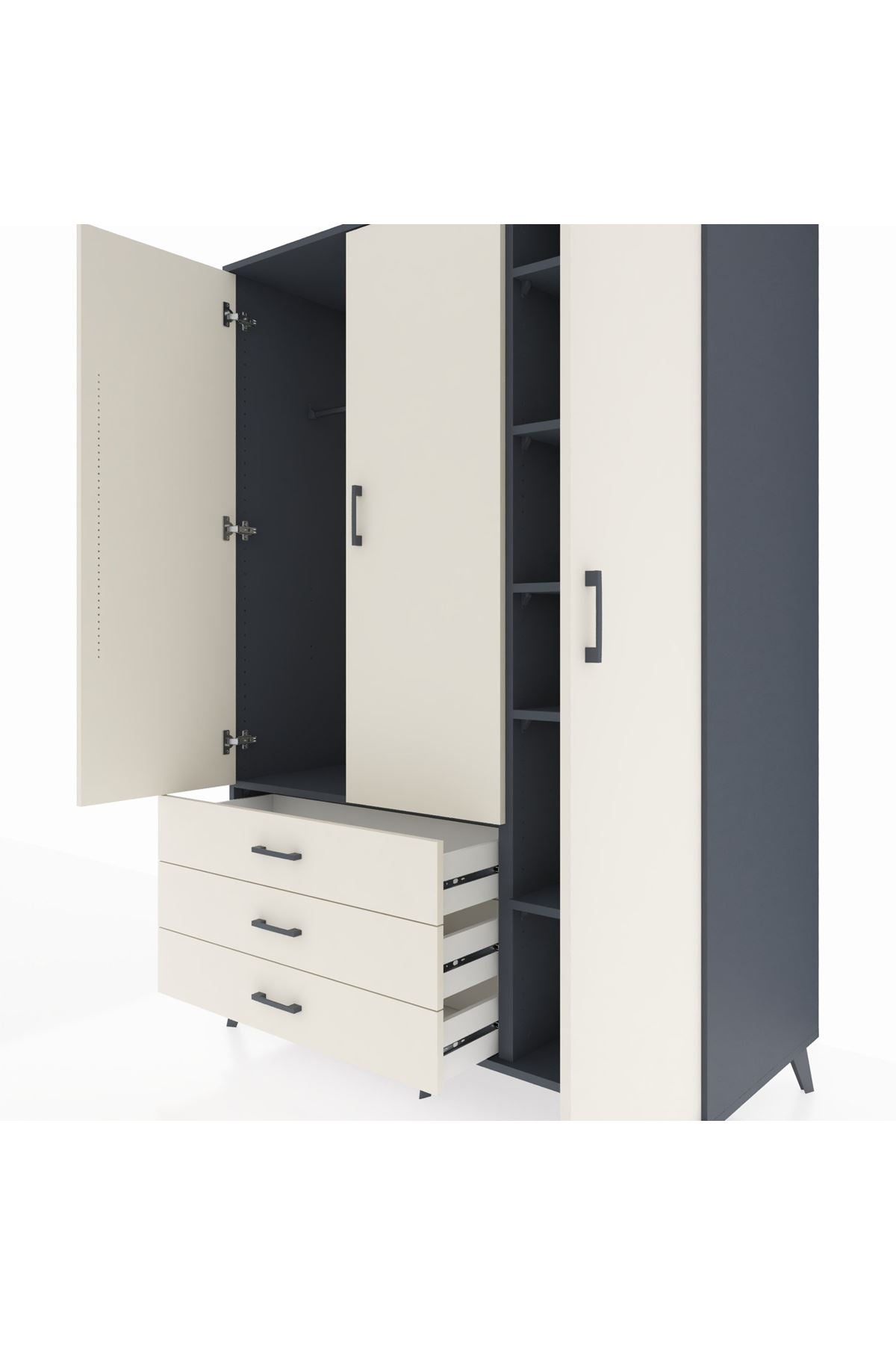 Kronos Dolap 6 Raflı 3 Çekmeceli Tek Askılı 132x59x195 Antrasit-Aytaşı/Aytaşı