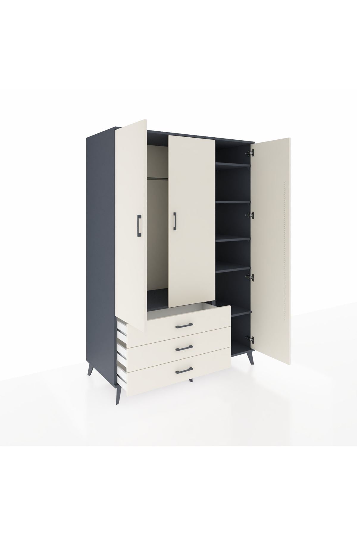 Kronos Dolap 6 Raflı 3 Çekmeceli Tek Askılı 132x59x195 Antrasit-Aytaşı/Aytaşı