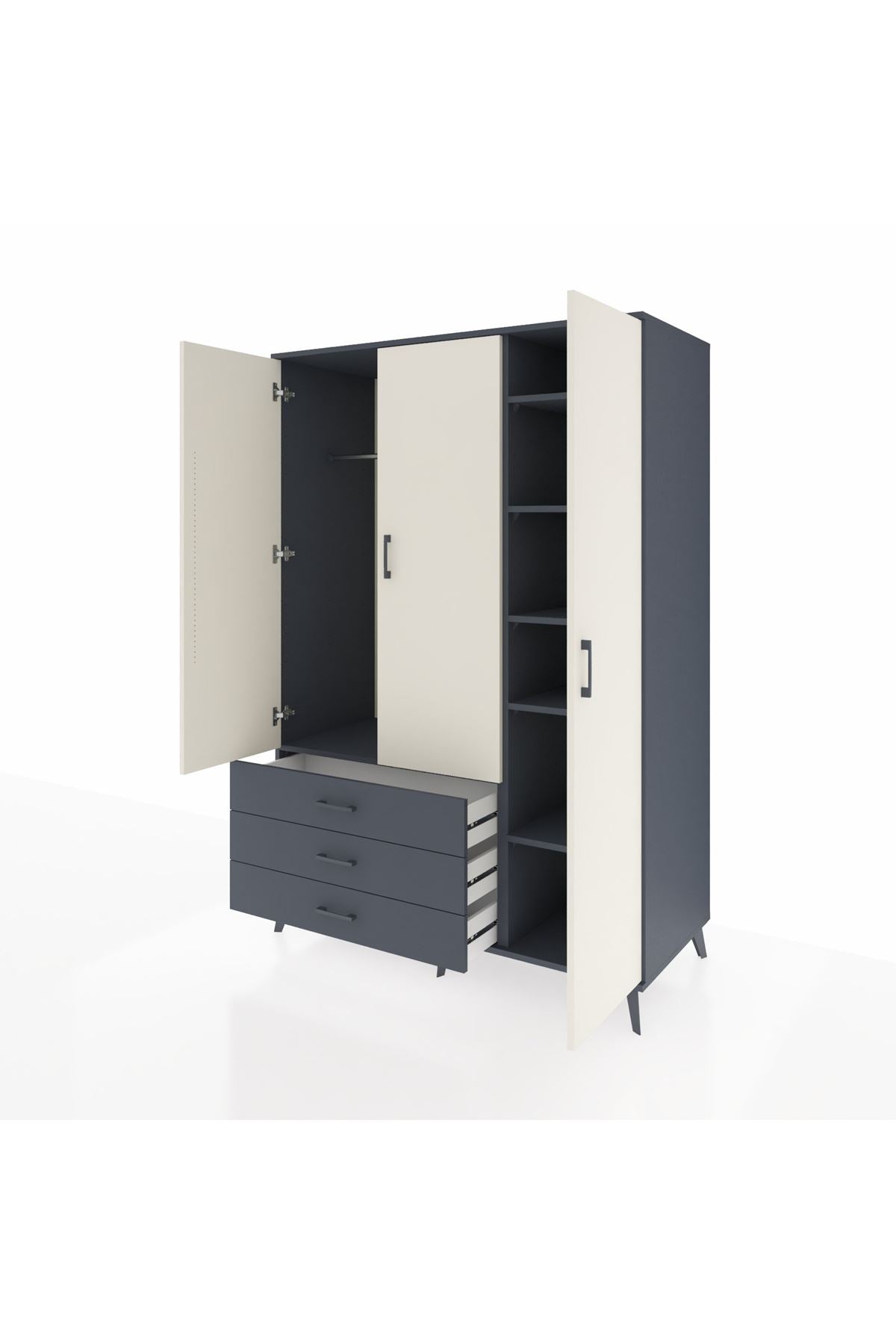 Kronos Dolap 6 Raflı 3 Çekmeceli Tek Askılı 132x59x195 Antrasit-Aytaşı/Antrasit