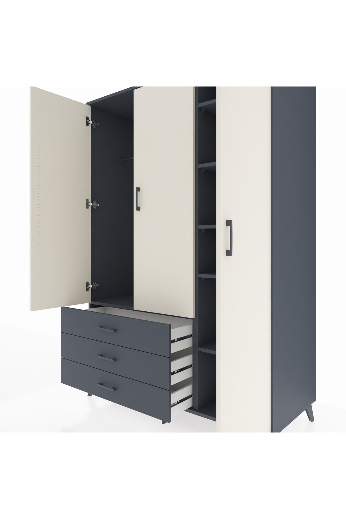 Kronos Dolap 6 Raflı 3 Çekmeceli Tek Askılı 132x59x195 Antrasit-Aytaşı/Antrasit