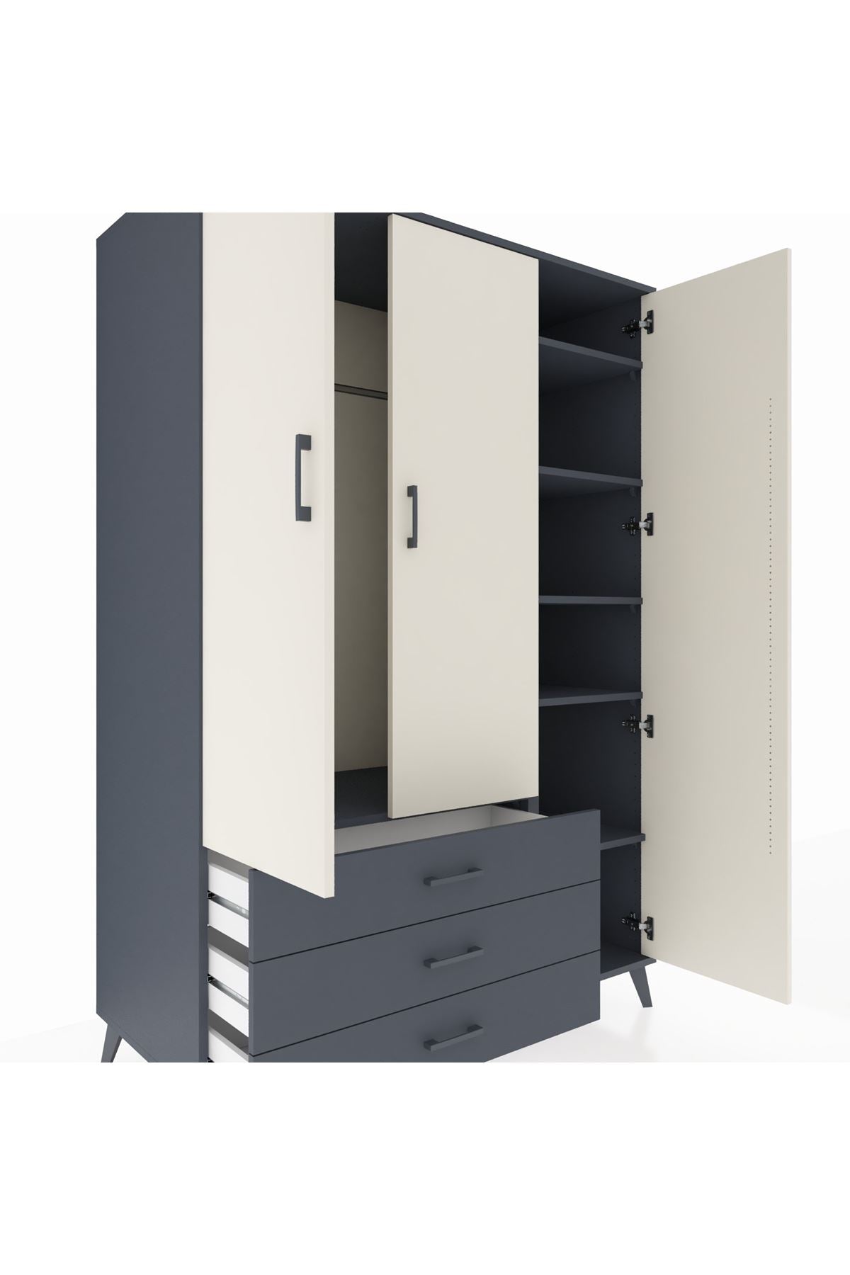 Kronos Dolap 6 Raflı 3 Çekmeceli Tek Askılı 132x59x195 Antrasit-Aytaşı/Antrasit
