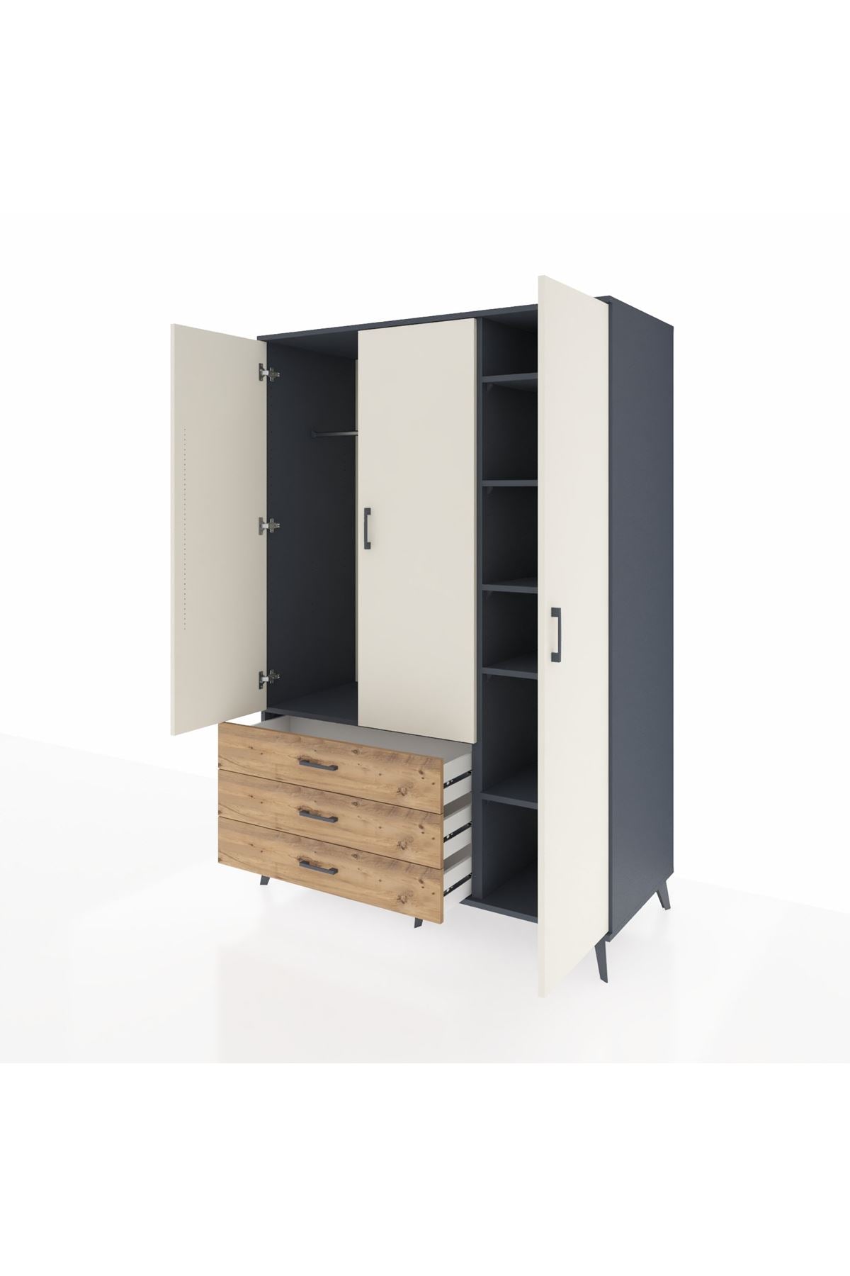 Kronos Dolap 6 Raflı 3 Çekmeceli Tek Askılı 132x59x195 Antrasit-Aytaşı/Çam