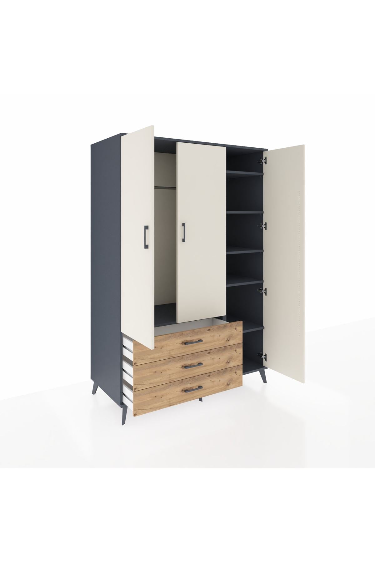 Kronos Dolap 6 Raflı 3 Çekmeceli Tek Askılı 132x59x195 Antrasit-Aytaşı/Çam