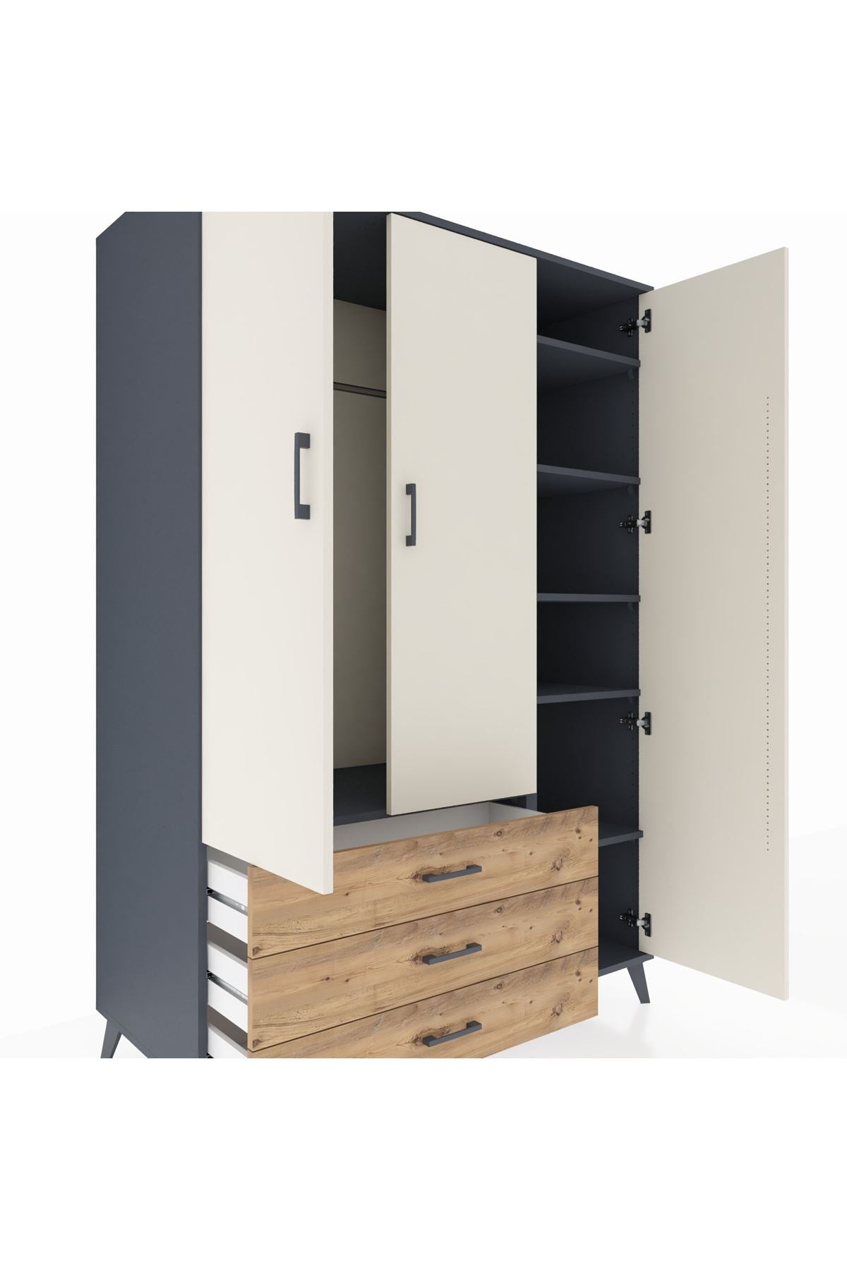 Kronos Dolap 6 Raflı 3 Çekmeceli Tek Askılı 132x59x195 Antrasit-Aytaşı/Çam