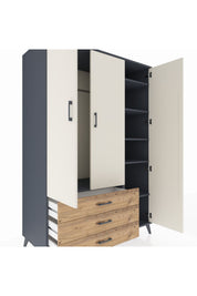 Kronos Dolap 6 Raflı 3 Çekmeceli Tek Askılı 132x59x195 Antrasit-Aytaşı/Çam