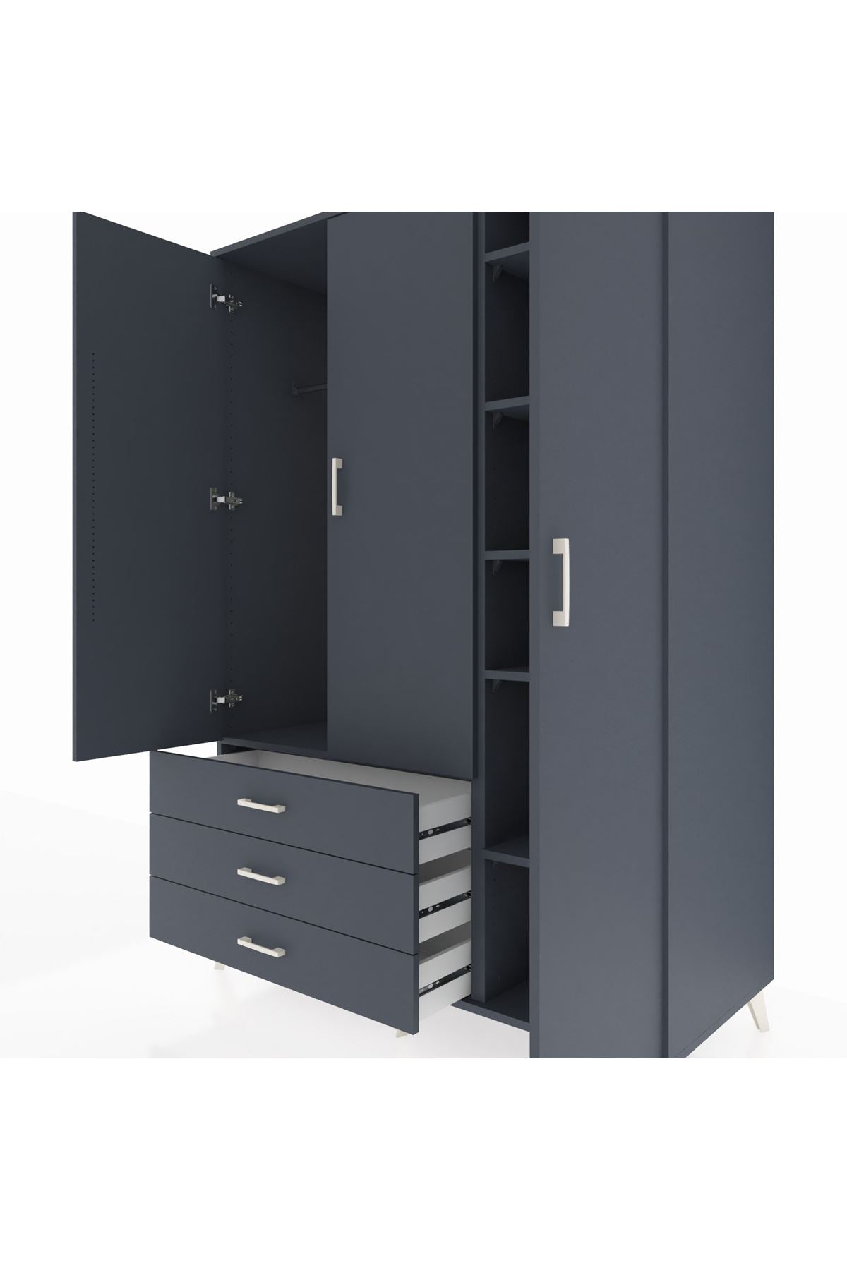 Kronos Dolap 6 Raflı 3 Çekmeceli Tek Askılı 132x59x195 Antrasit-Antrasit/Antrasit