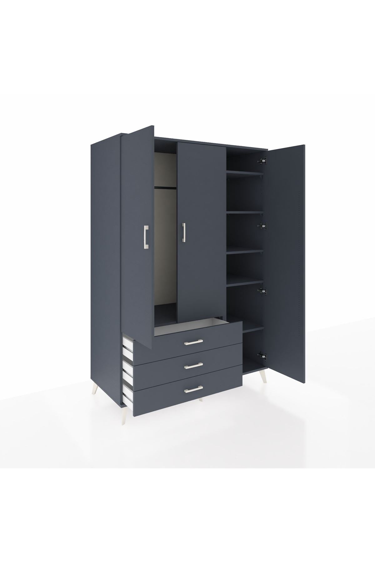 Kronos Dolap 6 Raflı 3 Çekmeceli Tek Askılı 132x59x195 Antrasit-Antrasit/Antrasit