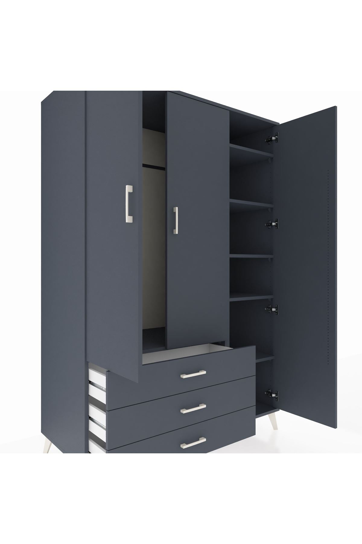 Kronos Dolap 6 Raflı 3 Çekmeceli Tek Askılı 132x59x195 Antrasit-Antrasit/Antrasit