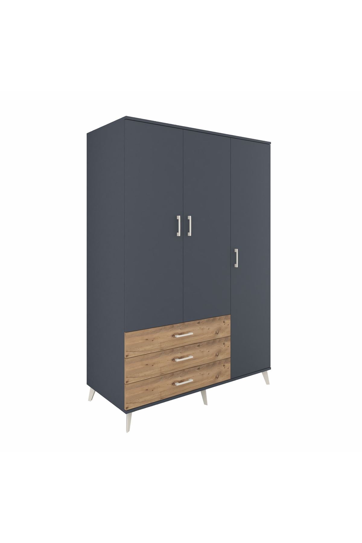 Kronos Dolap 6 Raflı 3 Çekmeceli Tek Askılı 132x59x195 Antrasit-Antrasit/Çam