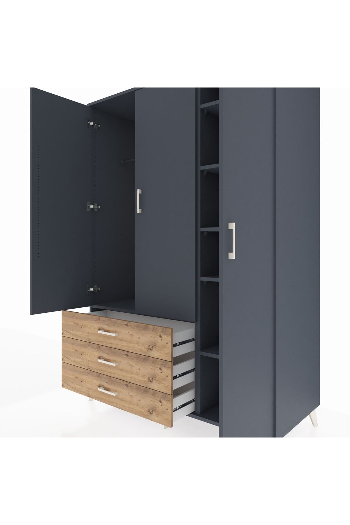 Kronos Dolap 6 Raflı 3 Çekmeceli Tek Askılı 132x59x195 Antrasit-Antrasit/Çam