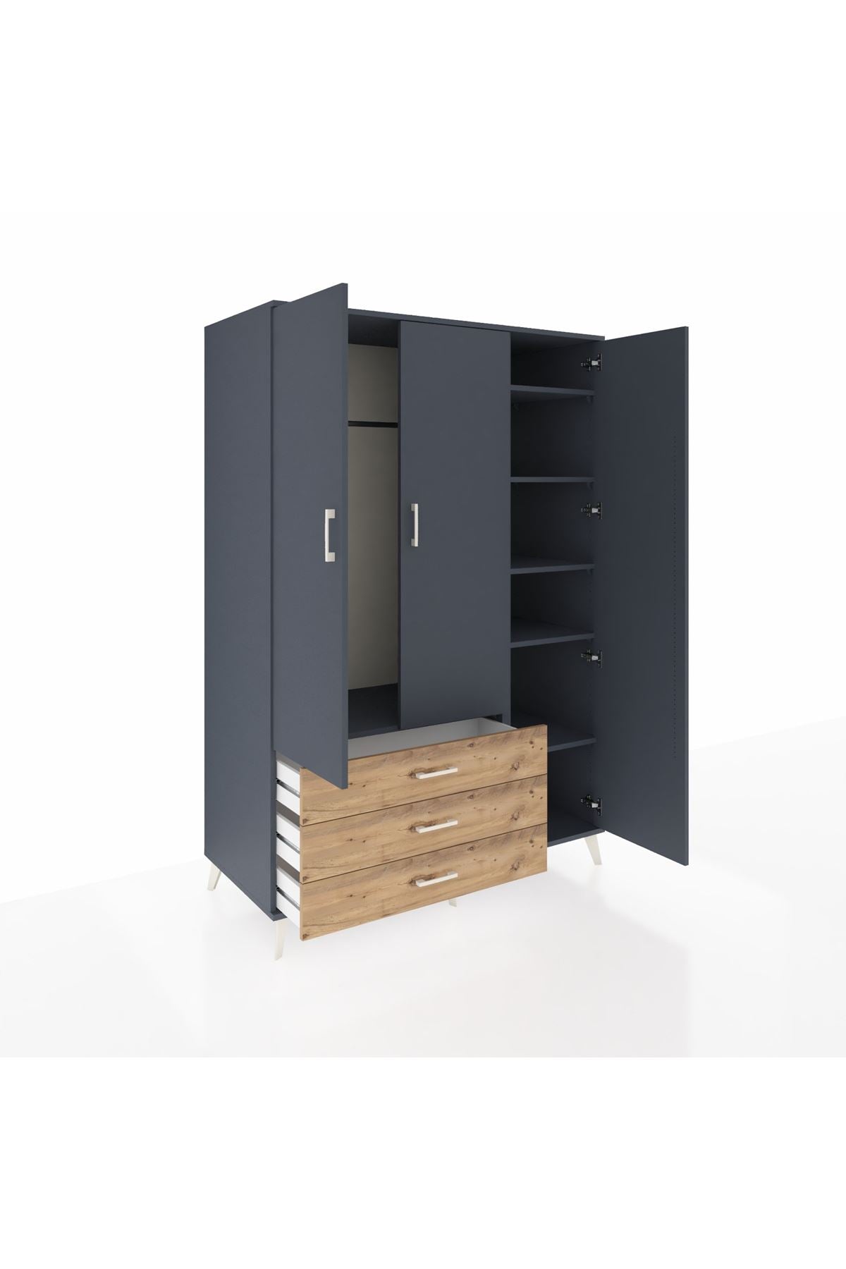 Kronos Dolap 6 Raflı 3 Çekmeceli Tek Askılı 132x59x195 Antrasit-Antrasit/Çam